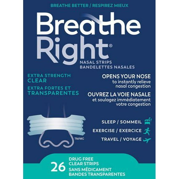 Breathe Right Bandelettes nasales Transparentes, Plus fortes | Soulage instantanément la congestion nasale | Sans médicament 26 Bandelettes Transparentes