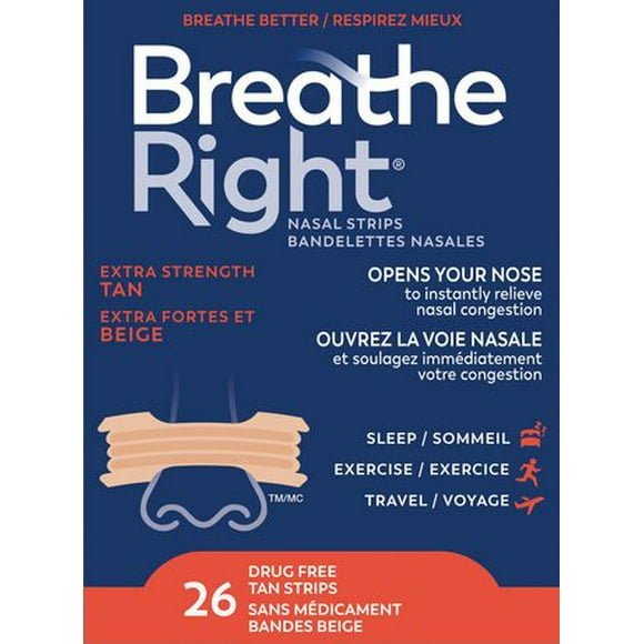 Breathe Right Nasal Strips Extra Strong, Tan | Instantly Relieves Nasal Congestion | Drug Free, 26 One Size Tan Strips