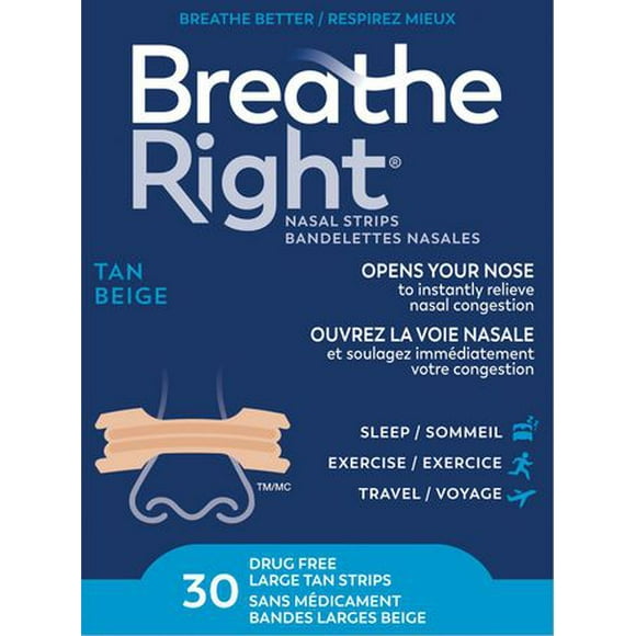 Breathe Right grandes bandelettes nasales Beige | Soulage instantanément la congestion nasale | Sans Médicament 30 Grandes Bandelettes Beiges