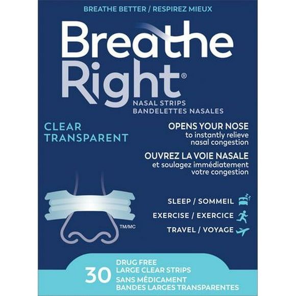 Breathe Right grandes bandelettes nasales transparentes | Efficace, sans médicament et facile à appliquer 30 Grandes Bandelettes Transparentes