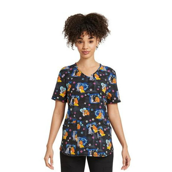 Disney Lady And The Tramp Pitter Patter Women's V-Neck Print Scrub Top