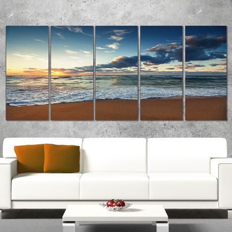 Design Art Sunrise And Glowing Waves in Ocean Seashore Canvas Wall Art ...