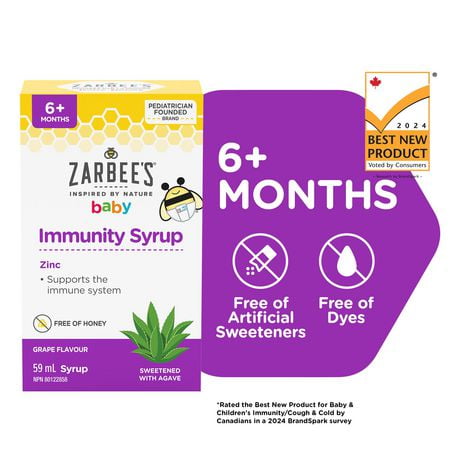 Zarbee'® Sirop Immunité pour bébés, zinc, sans miel, soutient le système immunitaire, édulcoré avec de l'agave 59 ml