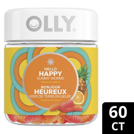 OLLY Hello Happy Tropical Zing flavour Gummy Worm Supplement, 60 gummies