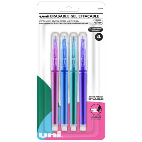 uniball™ Erasable Gel Pens, Medium Point (0.7mm), Fashion Colours, 4 Pack, Erasable Gel Retractable Pens