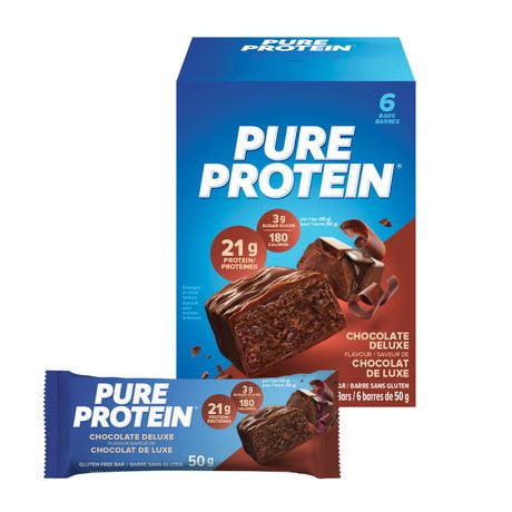 CHOCOLAT DE LUXE, 21 g de protéines, sans gluten, 6 barres de 50 g Nouvelle apparence! Les barres Pure Protein marient une haute teneur en protéines à un goût délicieux. Une combinaison gagnante!