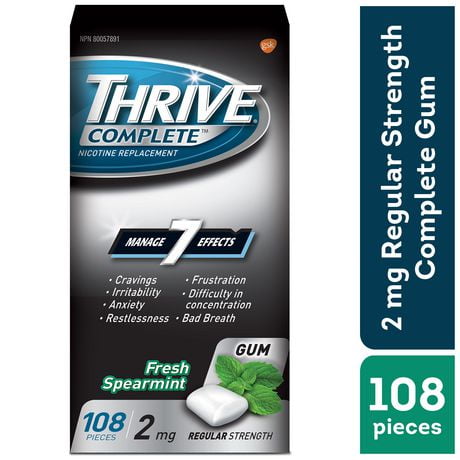 Thrive Gum Complete 2mg Regular Strength Nicotine Replacement, Fresh Spearmint, 108 count