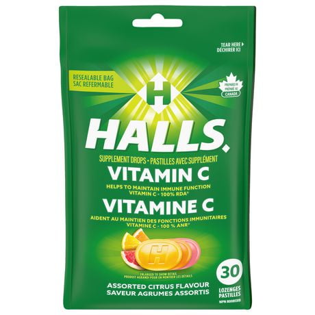 HALLS, Vitamine C, agrumes assortis, pastilles avec supplément 30&nbsp;pastilles