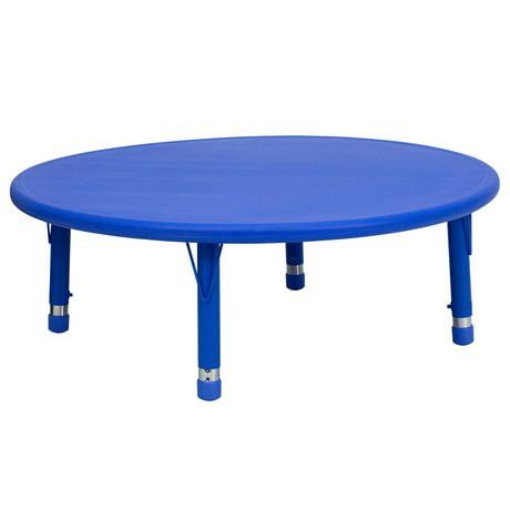 Table d’activités ronde de 45 po en plastique bleu à hauteur réglable