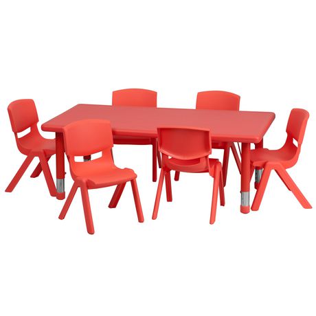 24''W x 48''L Height Adjustable Red Plastic Activity Table Set w/ Six 12" Chair 