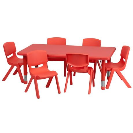 Ensemble de table d’activités rectangulaire de 24 po larg. x 48 po long. en plastique rouge à hauteur réglable avec 6 chaises