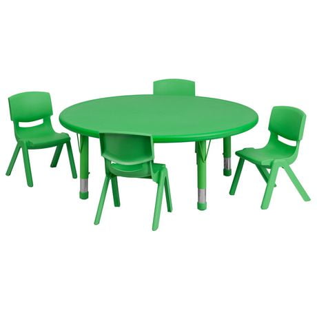 Ensemble de 4 chaises avec table d'activités ronde de 45 po en plastique vert à hauteur réglable