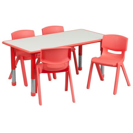 Ensemble de table d’activités rectangulaire de 23,625 po larg. x 47,25 po long. en plastique rouge à hauteur réglable avec 4 chaises