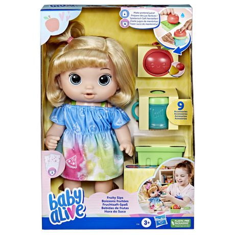 Baby Alive Fruity Sips Doll, Apple, Pretend Juicer Baby Doll Set, Drinks & Wets, Toy for Kids 3 and Up, Blonde Hair