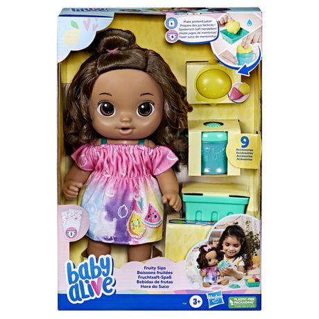 Baby Alive Fruity Sips Doll, Lemon, Pretend Juicer Baby Doll Set, Drinks & Wets, Toy for Kids 3 and Up, Brown Hair, For ages 3+