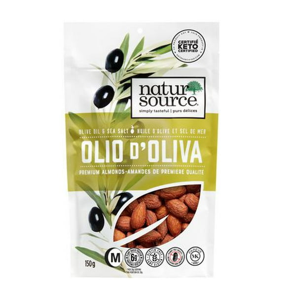 Natursource Olio d'Oliva Almonds 150g ·Amandes de la Californie de première qualité huile à d’olive et sel de mer<br>·Rôtie de façons artisanal – jamais frites<br>·Ingrédients simples – seulement 3 ingrédients<br>·6g de protéine végétales par portion de 28g<br>·3g de fibres par portion de 28g<br>·Certifié Céto par la fondation Paleo<br>·Sans OGM