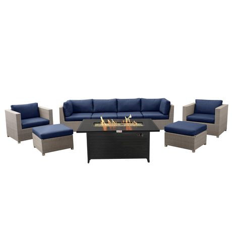 Chambers Bay 9 Piece All-Weather Wicker Patio Conversation Set in Navy with Rectangular Fire Table