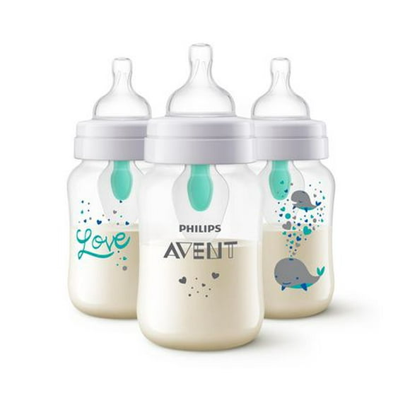 Philips Avent Anti-colic Baby Bottle with AirFree Vent with Whale Design, 9oz, 3 pack, SCY703/77