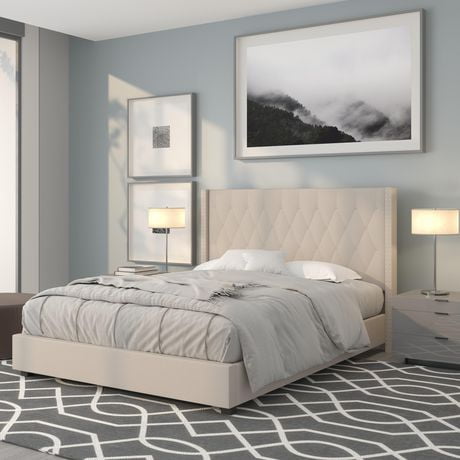 upholstered riverdale tufted beige platform queen fabric bed