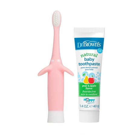 Dr. Brown's™ Infant-to-Toddler Training Toothbrush Set with Fluoride-Free Baby Toothpaste, Pear & Apple Flavor - Pink Elephant - 1.4oz - 0-3 years, 0-3 years