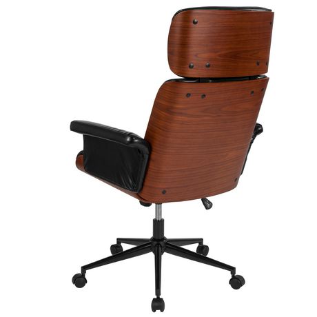 Contemporary Black Leather High Back, Wood Leather Office Chair