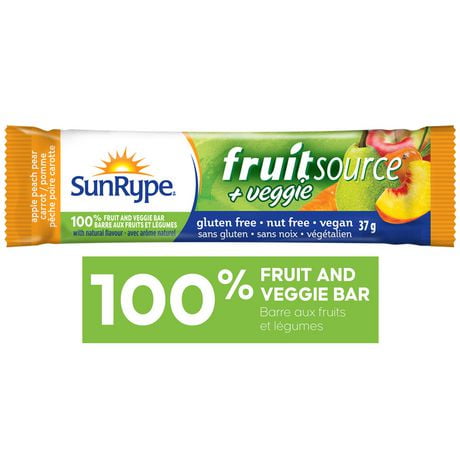 SunRype Fruitsource Apple Peach Pear Carrot 100% Fruit and Veggie Bar, 37 g