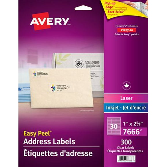 Avery® Étiquettes rectangulaires transparentes avec Easy Peel® 1" x 2⅝", adhésif permanent, pour imprimantes laser et à jet d’encre
