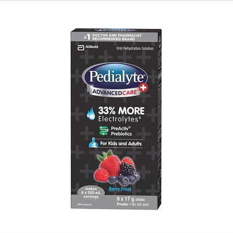 Bâtonnets de poudre d’électrolytes Pedialyte® AdvancedCare® Plus, électrolytes pour la déshydratation, baies givrées, 6 x 17 g 6x17g