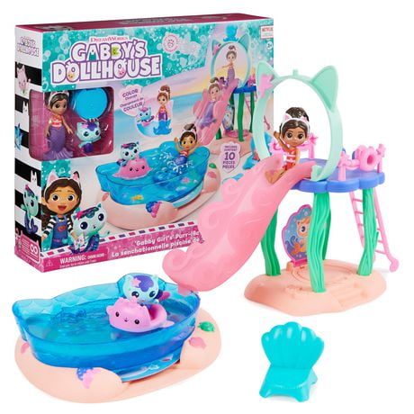 Gabby’s Dollhouse, Purr-ific Pool Playset with Gabby and MerCat Figures, Color-Changing Mermaid Tails and Pool Accessories Kids Toys for Ages 3 and Up, Dollhouse Playset