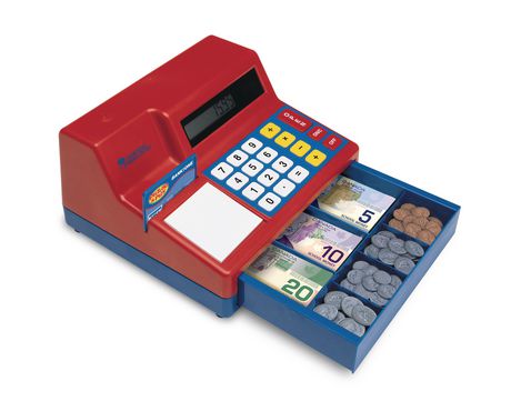 toy cash register with canadian money