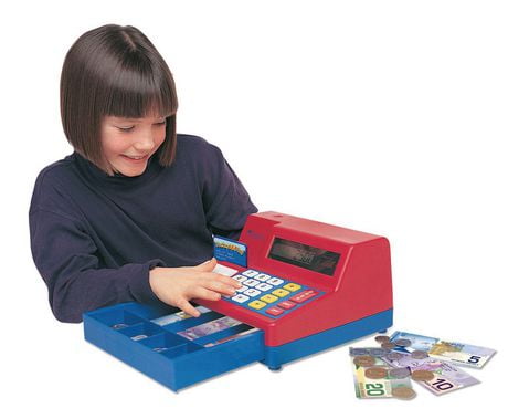 toy cash register with canadian money