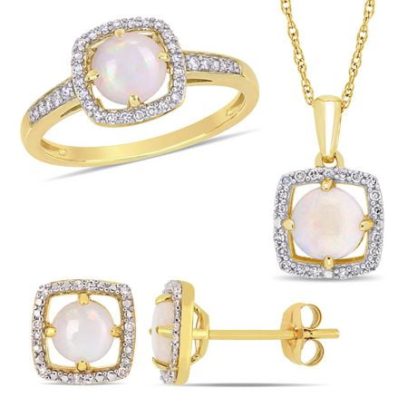 Miabella 3-Piece Set 1-7/8 Carat T.G.W. Opal and 1/3 Carat T.W. Diamond 10K Yellow Gold Square Halo Earrings, Necklace and Ring