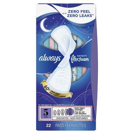 Always Infinity Feminine Pads for Women, Size 5 Extra Heavy Overnight, with wings, unscented, 22 Count