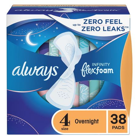 Always Infinity FlexFoam Pads for Women Size 4 Overnight Absorbency, Up to 12 hours Zero Leaks, Zero Feel Protection, with Wings Unscented, 38 Count