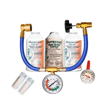 Duracool 12a-yf Deluxe Refrigerant Recharge Kit for 1234yf A/C systems. Contains 2 Cans 1234 Replacement Refrigerant, 1 can 12a- yf SealQuick, 1234 Charging Hose with Gauge & Quick Connect, Vent Thermometer.