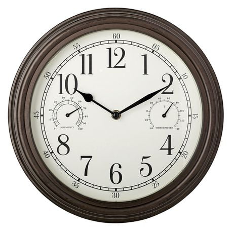 Westclox 12" Indoor/Outdoor Bronze Round Wall Clock with Temperature and Humidity – Model# 33027CN, Indoor/Outdoor Wall Clock