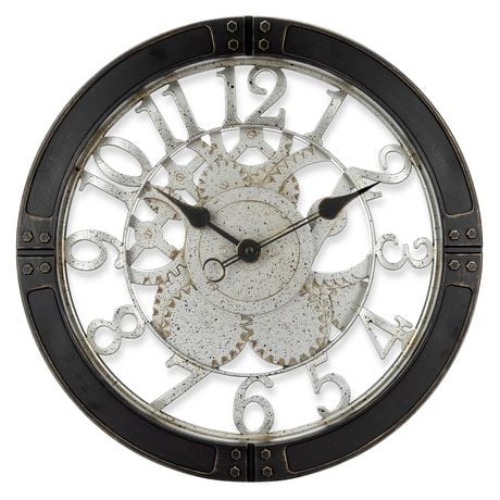 Westclox Horloge Murale de 16 Po, Noire avec Patine Argentée - Modèle No 32947CN Horloge Murale avec Engrenages