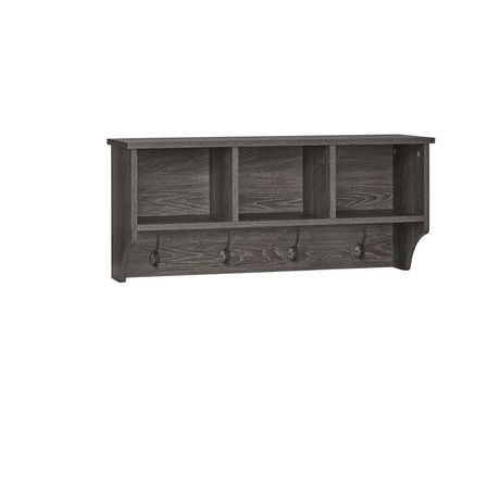 RiverRidge® Home Woodbury Collection 14-inch H x 31.63-inch W x 9.38-inch D Wall Shelf with Cubbies and Hooks in Weathered Wood