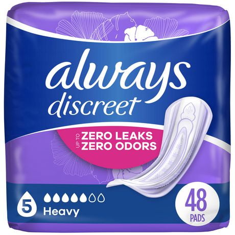 Always Discreet Adult Incontinence Pads for Women, Heavy Absorbency, Regular Length, Postpartum Pads, 48CT