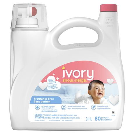Détergent à lessive liquide pour bébé Ivory neige non parfumé, 80 brassées, 3,4 L (105 oz liq), détergent hypoallergénique sans parfum 3.1L