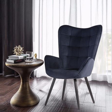 Homycasa Luxe Chaise d'appoint en velours – élégamment touffetée avec pieds effilés en bois massif, bleu marine