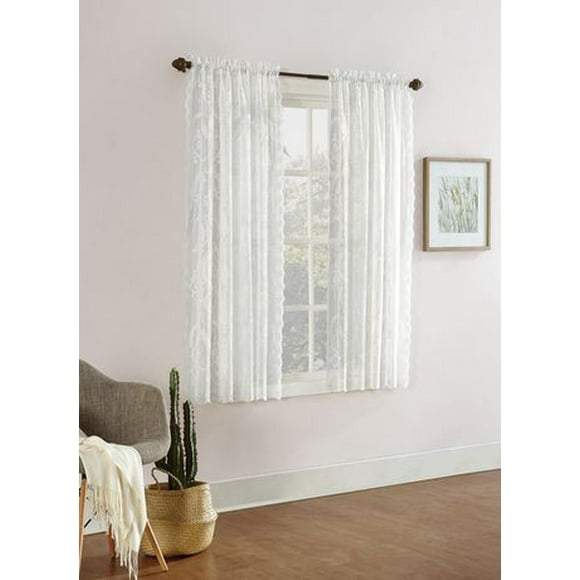 Mainstays Floral Lace Sheer Rod Pocket Curtain Panel, 58"W x 63"L, White , Sold as One Panel