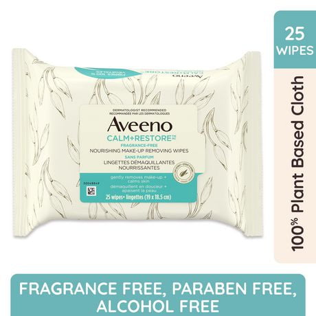 Aveeno Calm + Restore Nourishing Make-Up Removing Wipes - Eye Makeup Remover, Sensitive Skin Care - Frangrance Free, 25 Count