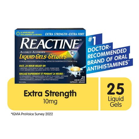 Reactine Extra fort, gélules antiallergiques/antihistaminiques, chlorhydrate de cétirizine à 10 mg,  soulagement 24 h 25 gélules
