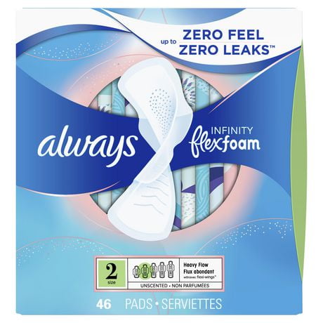 Always Infinity FlexFoam Pads for Women Size 2 Heavy Flow Absorbency, Zero Leaks & Zero Feel is possible, with Wings Unscented, 46 Pads