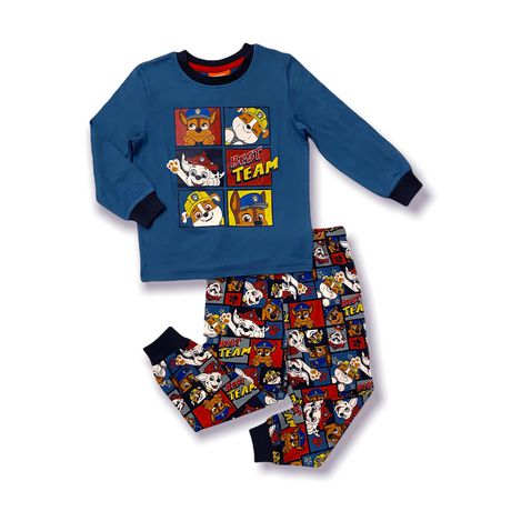 Paw Patrol Toddler boy's pj set. This 2 piece pyjama set for boys has a  long sleeve crew neck top and long pants with an elastic waist band and 