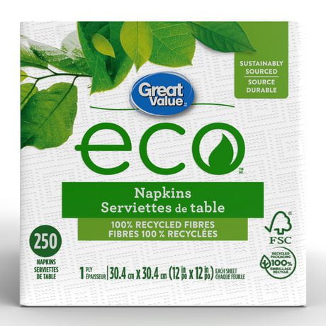 Great Value ECO, 250 serviettes de table Napkins 100% recyclées