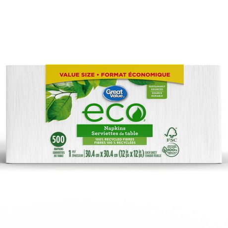 Great Value ECO, 500 serviettes de table Napkins 100% recyclées