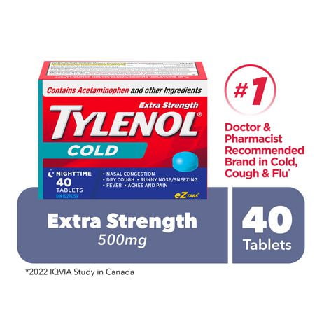 Tylenol Extra fort, Rhume, Nuit, soulage les symptômes de rhume 40 comprimés