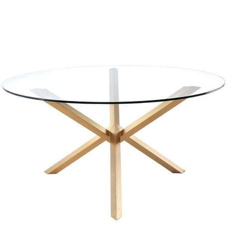 Aloyse Dining Table in Gold, Tempered Glass Dining Table, Stainless Steel Dining Table, Round Dining Table, Glass Dining Table, Dining Room Table, Kitchen Dining Table with Gold Base, Modern Dining Table with Stainlees Steel Base in Gold